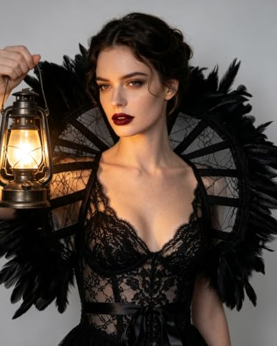 Feather Lace Shoulder Cape Gothic Stand up Collar for Halloween (Black) - image 6