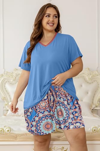 Image of Vozanet Women's Short Sleeve Top and Shorts Pajama Sets Plus Size V Neck Colorful Flower Nighty Loungewear With TWO Pockets