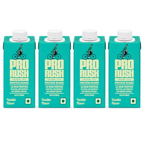 Image of Prorush Grown-Ups Protein Shake (15g Protein, 30 Vital Nutrients, No Added Sugar, With Fiber), Vanilla Flavour, 4 X 200ml, Ready to drink