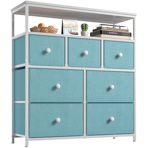 Image of EnHomee Dresser for Bedroom with 7 Drawer and 2 Open Shelves Tv Stand for Bedroom Green Small Dresser for Hallway, Entryway, Dormitory