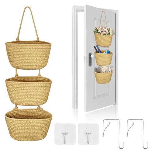 WATUNID Over Door Storage Hanging Basket, 3 Tier Wall Mount Hanging Storage Basket with 4 Pcs Hooks, Woven Cotton Rope Storage Basket Decorative for Bedroom, Living Room, Bathroom, Nursery(Jute)