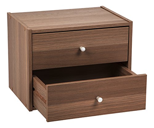 Image of IRIS USA 2-Drawer Modular Wood Stacking Storage Box, for Office Closet and Nightstand, Easy Assembly, Stacking Storage Boxes, Walnut