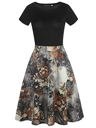 Image of oxiuly Women Casual Dress Round Neck Soft Cotton Floral A-Line Midi Summer Dresses with Pockets OX262