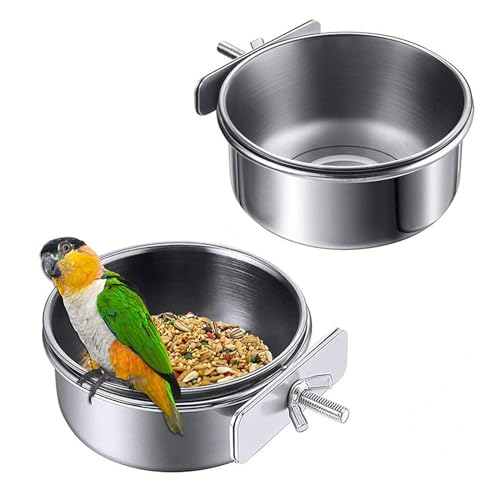 Vueinrg 2 Piezas 12cm Comedero Pajaros Jaula Tazas de Plato de Alimentación de Acero Inoxidable Comedero Loro con Soporte de Pernos Cuenco Colgante para Agua para Animal Pequeño