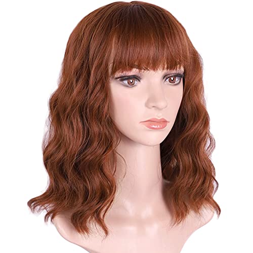 ColorfulPanda 14 Inch Short Curly Red Brown Copper Ginger Bob Wigs for Women Natural Synthetic Wave Hair Wigs with Fringe Bangs Daily Party wig Auburn Blonde - Image 3