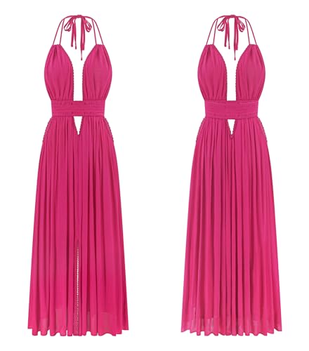 Image of R.Vivimos Boho Maxi Dresses for Women 2026 Summer Sleeveless Halter Elastic Waist Sexy Backless Front Slit Flowy Long Dresses