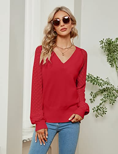 Image of BMJL Womens V Neck Sweaters Dressy Casual Winter Long Sleeve Tops Knit Puff Sleeve Pullover
