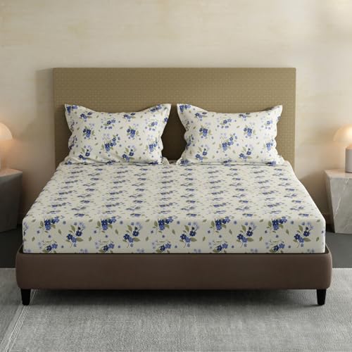 Image of Layers 100% Cotton Fitted Sheet for King Size Bed | Lumina Floret Collection | 144 TC Soft & Breathable | Floral Print with 2 Pillow Covers | Wrinkle Free & Colorfast | 3 Pc Bedding Set - Blue