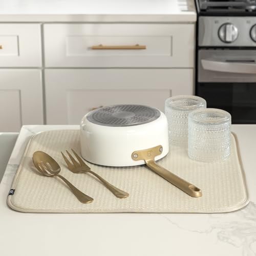 S&T INC. Dish Drying Mat, 16” x 18”, Absorbent Microfiber Kitchen Counter Mat, Drying Pad for Dishes, Utensils, Pots and Pans, Large, Diamond Texture, Cream