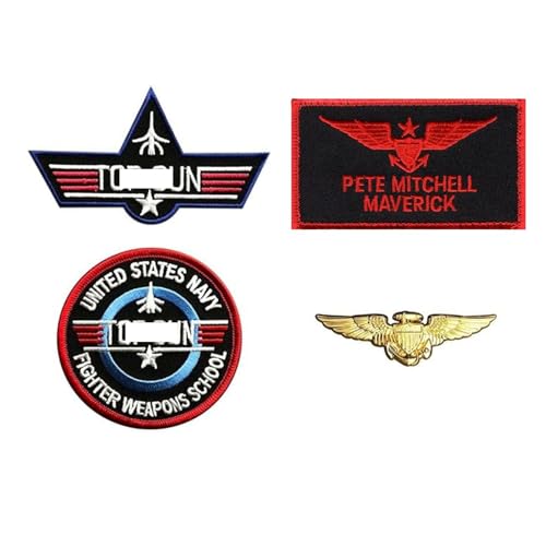 Pete Mitchell Navy Fighter Costume Iron on Patch (4pc with Pilot Aviator Wings Pin)