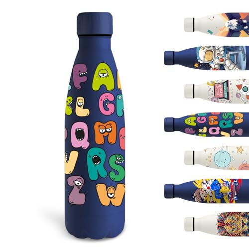 Grsta Botella Agua Acero Inoxidable, 500ml Botella Termica, Niños sin BPA, Personalizada con Letras, Cantimplora para la Escuela, Oficina, Viajar, Deportes, Azul Marino