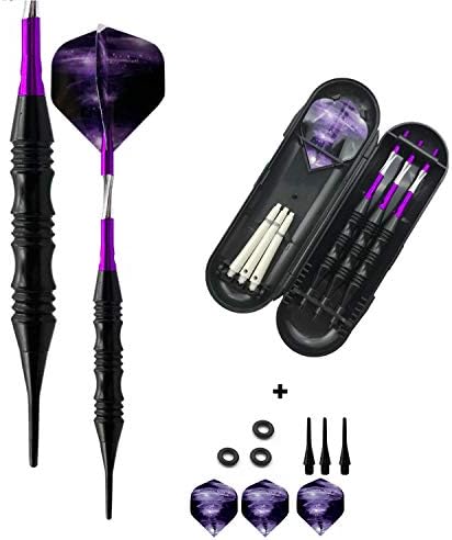 Professional Exquisite 20 Gram Soft Tip Darts Carrying Hard Suitcase | 3 Black Coated Iron Barrels | 3 Aluminum Shaft, Each Recreation Room, Bar and Game Room Level (Purple)