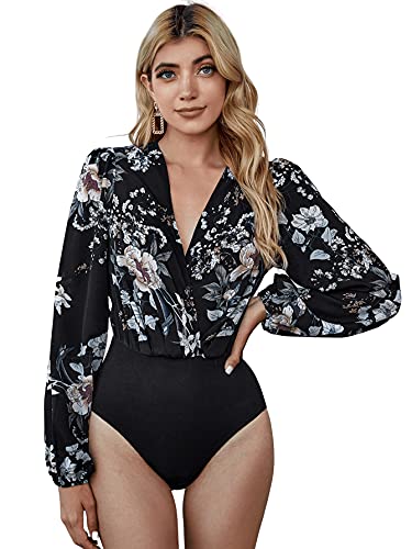 SOLY HUX Women s V Neck Surplice Front Lantern Long Sleeve Bodysuit Floral Black S