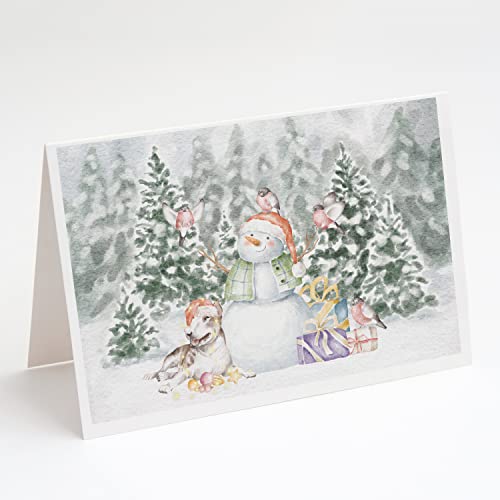 Caroline's Treasures CK8040GCA7P Bull Terrier Brindle and White Snowman and Christmas Presents Greeting Cards and Envelopes Pack of 8 Blank Cards with Envelopes Whimsical A7 Size 5x7 Blank Note Cards