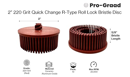 Image of 2 inch 220 Grit Red R-Type Bristle Disc 10 Pack, Ceramic-Aluminum Oxide, Fine Cleaning, Blending, Light Deburring & Pre-Polishing Metal /Wood /Plastic, Quick Change Roll Lock