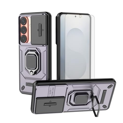 Asuwish Phone Case for Samsung Galaxy S26 5G with Slide Camera Cover Tempered Glass Screen Protector Ring Holder Stand Rugged Slim Protective Military Grade Hybrid Cell S 26 26S Women Men Purple