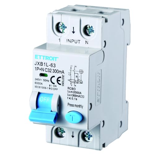 Tensione nominale: 230 Vac 230V 32A C32, INTERRUTTORE MAGNETOTERMICO DIFFERENZIALE SALVAVITA, 1P+N, MONTAGGIO SU BARRA DIN, 2 MODULI, 300mA, 6KA 6000A, RCBO, 240VAC
