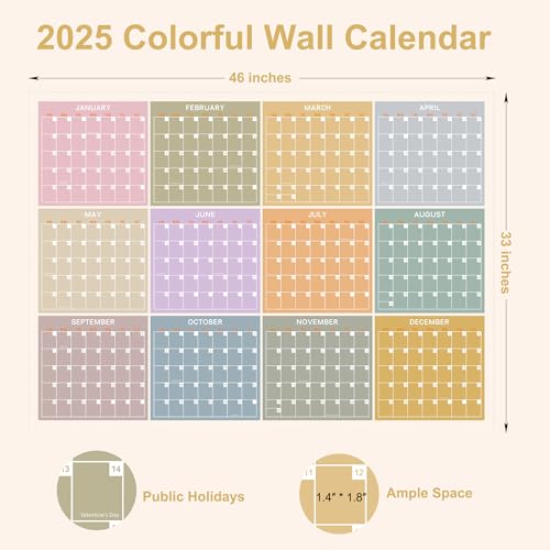 Calendário de parede anual 2025, calendário de parede grande colorido, um olhar, calendário de pared