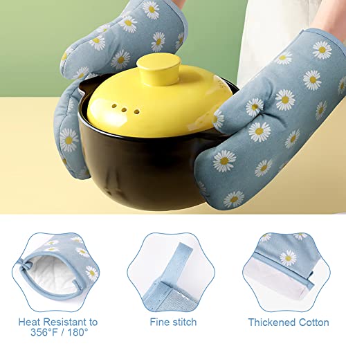 AUAUY 1 Paar Ofenhandschuhe und 2 Topflappen, Baumwolle Rutschfeste Topfhandschuhe, Waschbare Backofenhandschuhe, Hitzebeständig [bis 180°C/356°F] Kochhandschuhe zum Kochen Backen Grillen(Blau Blumen)