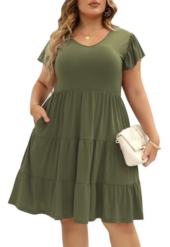 Image of Celkuser Womens Plus Size Summer Casual Midi Dress Short Ruffle Sleeve Tiered Empire Waist T-Shirt Dress with Pockets