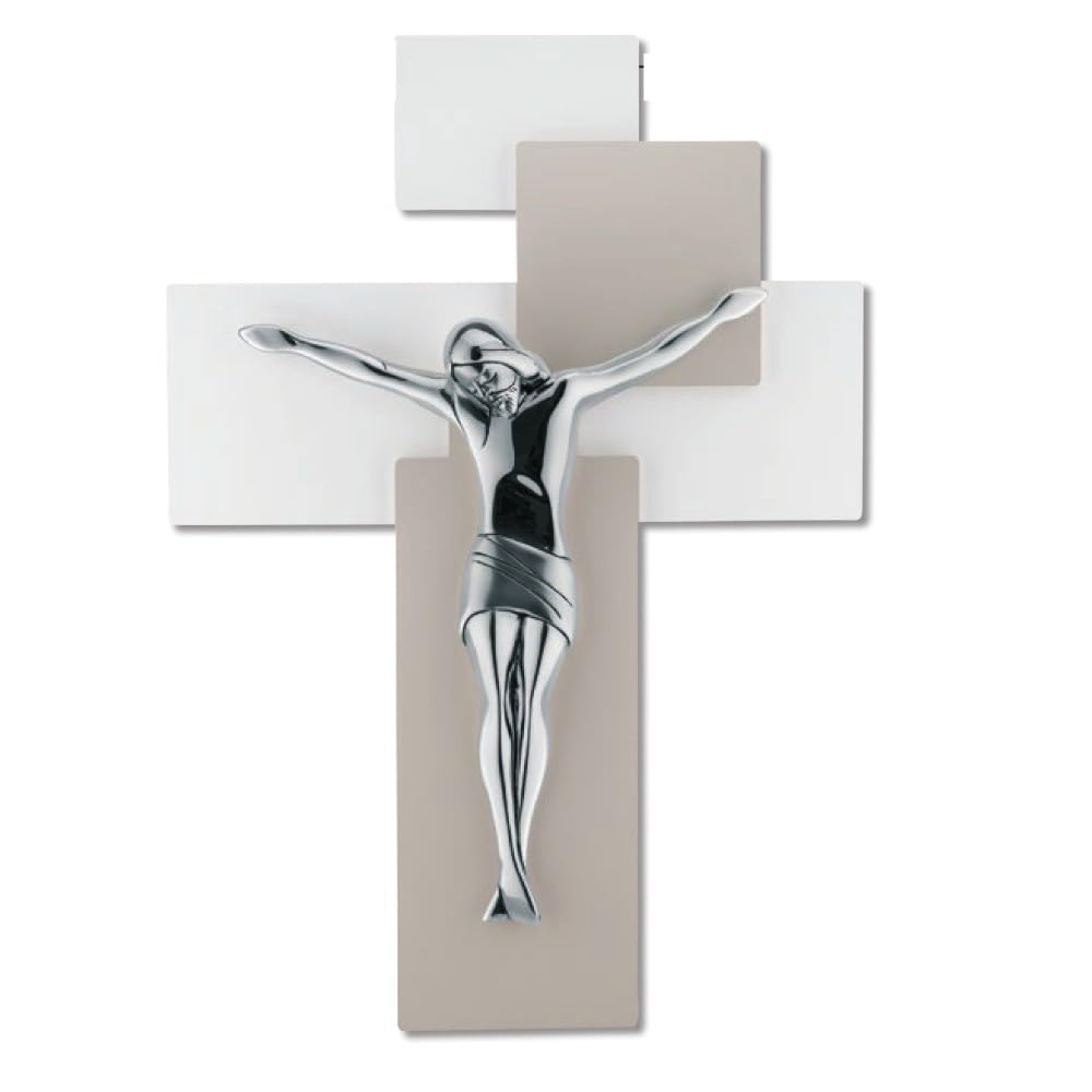 CROCIFISSO CROCE DA PARETE MODERNO 19X27 LEGNO TORTORA BIANCO CRISTO COLORE ARGENTO LUCIDO ME12102N
