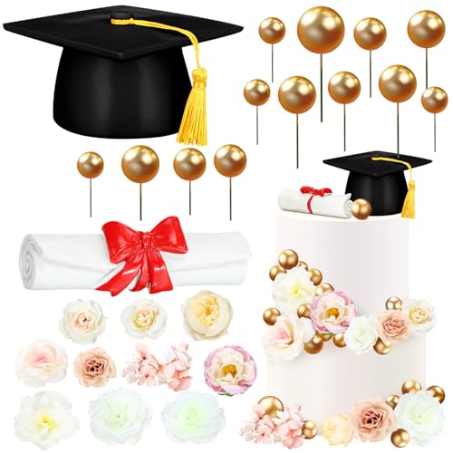 Wavwavw 50 Pcs Resin Graduation Cake Cupcake Toppers Cap and Diploma Gold Balls Kit Congrats Grad Cake Decorations for 2025 Master Graduation Party Middle High School Supplies(Black)