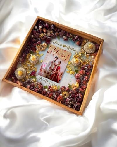 Image of Pinewood Handcrafted Varmala Preservation Frame with Acrylic Base | Wedding Garland Resin Art Frame | Anniversary & Wedding Gift for Couples (8x8)