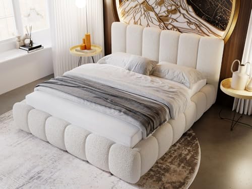 GRAINGOLD Cloud Bett 140x200, Polsterbett mit Bettkasten, Polsterbett mit Stauraum, Bouclé-Stoff, mit Lattenrost, mit Kopfteil, ohne Matratze (Beige, 140x200)