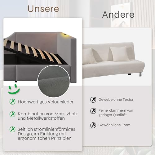 Ecke Schlafsofa Tagesbett Erwachsene und Jugendliche Einzelbetten 90x200 cm mit Stauraum, Lattenrost aus Holz, Polsterbett Samt, Grau – Bild 6