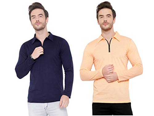 Image of Men's Cotton Blend Full Sleeve Zip Neck Polo T-Shirt (Pack of 1)