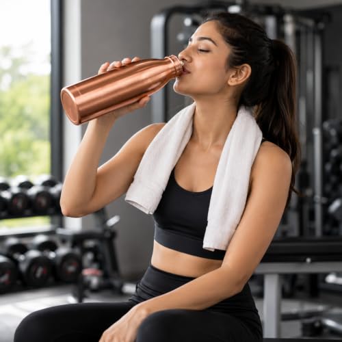 Image of Pure Copper Water Bottle 32 Oz Ayurvedic Drinking Bottle with Wide Mouth and Brush, Leak Proof Reusable Metal Bottle for Home Office Gym Travel, Red Brown Finish