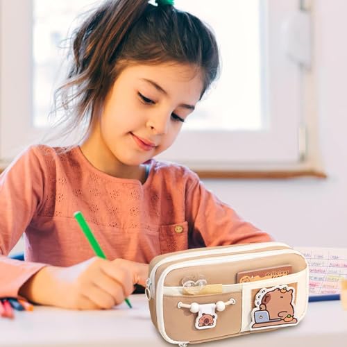 Image of WORSHIPER Cute Cartoon Double Zipper Pencil Pouch for Girls & Boys - Large Capacity School Stationery Organizer with Front Pocket, Waterproof Fabric Pen Case for Students (Brown)