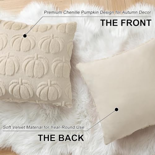 Image of decorUhome Fall Decorative Beige Pumpkin Throw Pillow Covers 18x18 Set of 2, Soft Faux Fur Plush Farmhouse Accent Pillow Cases for Couch Bed Sofa Autumn Harvest Halloween Holiday Home Decor