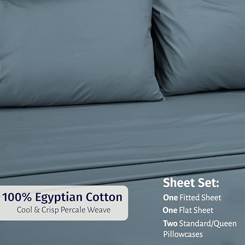 Image of California Design Den Egyptian Percale Sheet Set Full Size - Certified 100% Egyptian Cotton, Lightweight Percale Cotton Sheets Full Size, Deep Pockets, Crisp & Durable Luxury Bedding Set - Slate Blue