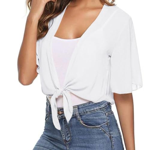 Image of Women's Chiffon Cropped Bolero Sheer Shrugs for Dress Short Sleeve Tie Front Cardigan