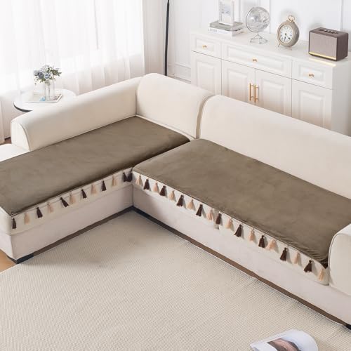 Image of HOKIPO Tassel Tone Sofa Cover L Shape 4 Seater Mat, Coffee Brown