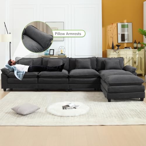 Image of Oprisen 154 inch Modular Sectional Sofa, Comfy Cloud Couch Sectional Sofa with Ottoman, Velvet Sofa Sleeper Deep Seat Sofa with Throw Pillows for Living Room (Blue Gray, 154 inch- U Shape)