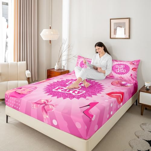 Princess Party Kids Fitted Sheet Twin Size,High-Heeled Shoes Lip Bowknot Bow Tie Bedding Set,Girls Boys Room Decor,Love Heart Geometric Dots Chic Pink Bed Sheet,1 Pillowcase(No Flat)