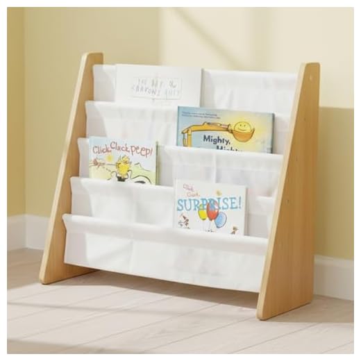 Humble Crew 4-Tier Kids Bookshelf, Natural Wood/White - Premium Book Shelf for Kids Rooms with Four Deep Pockets - Toddler Sling Book Rack with Deep Sleeves, Nursery Bookcase Organizer