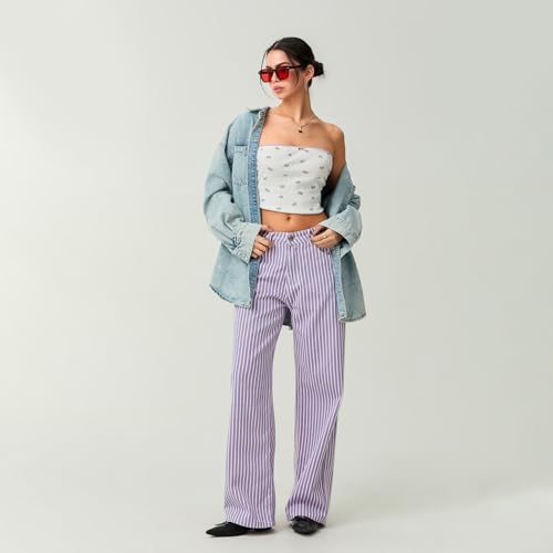 Women Y2k Striped High Rise Jeans Vintage Straight Wide Leg Baggy Boyfriend Bootcut Jeans Denim Pants with Pockets3