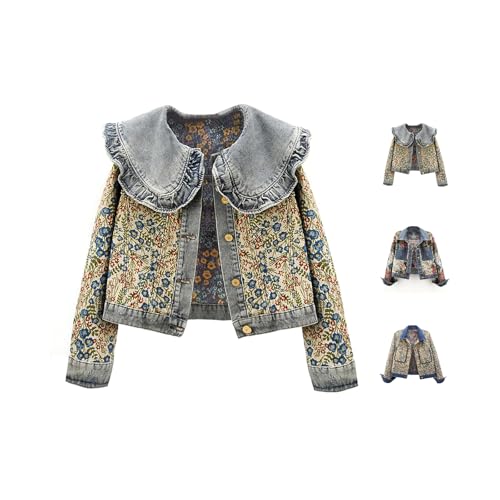 Women's Long-Sleeved Sweet Peter Pan Collar Denim Jacket Floral Cropped Denim Jacket Jacquard Versatile