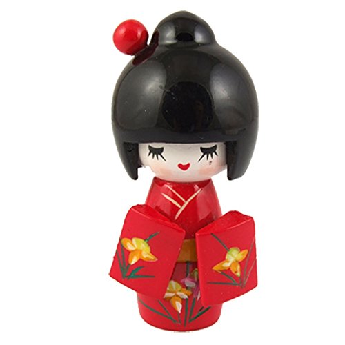 uxcell Floral Japanese Kimono Smiling Wooden Kokeshi Doll Toy Red