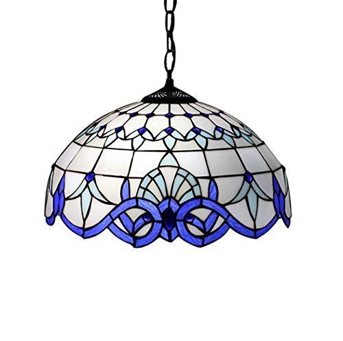 Mediterranean Tiffany Style Stained Glass Hanging Pendant Lamp Blue White Baroque Style Chandelier Lighting for Dining Room Kitchen Island Ceiling Hanging Light,E27,16inch