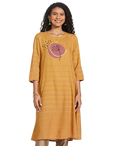 Image of Max Women Nylon Regular Fit Printed Three-Quarter Sleeves Asymmetric Regular Kurta