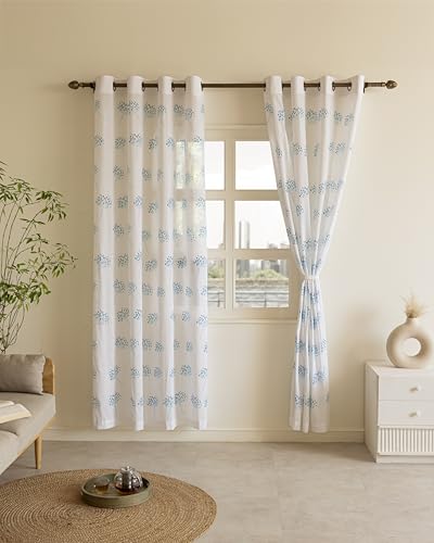 Image of THE LINEN COMPANY Cotton Linen Solid Sheer Small Window Curtain Set with Steel Eyelet Rings, 4 Feet, Blue Dandelions, Pack of 2 Pcs