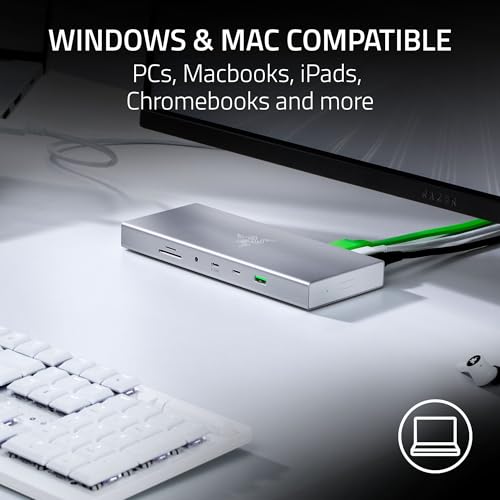 Image of Razer USB 4 Dock: 14 Ports (Type C, Type A, HDMI, DP, Ethernet, SD, 3.5mm) - Dual Monitor Up to 4K 120 Hz - Laptop & Phone Fast Charge - Durable Lightweight Casing - Windows & Mac Compatible - Mercury