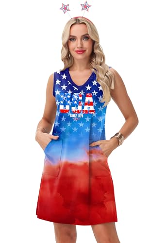 Image of Deerose Womens July 4th Sleeveless Dress American Flag Swim Cover Up Dress with Pockets