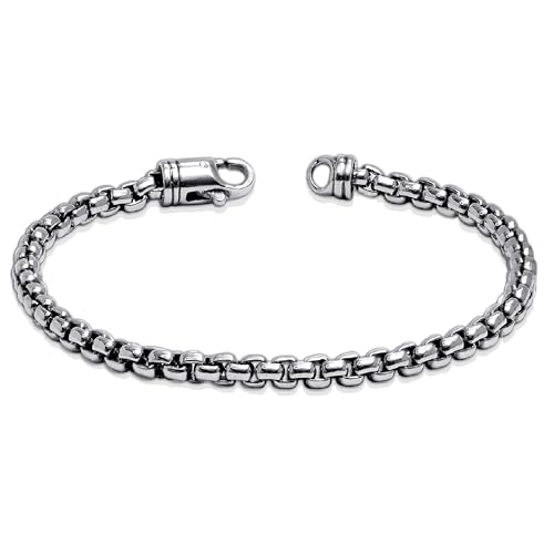 LeCalla Solid 925 Sterling Silver Men's Box Chain Bracelet | Italian Square Rolo Link Round Box Chain Bracelet for Men, Made in Italy (7.5, 8, 8.5, 9 Inches)