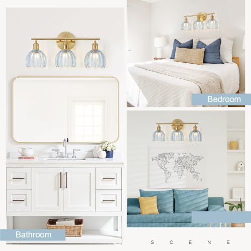 Image of Gold Bathroom Light Fixtures Over Mirror, 3 Light Bathroom Vanity Light with Tulip Blue Glass Lampshade, Vintage Vanity Lights for Bathroom, Bathroom Vanity Lights Over Mirror