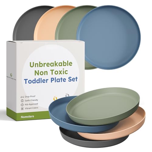 Nomsters Unbreakable Toddler Plates for Kids Baby Set of 4, 7.8' Ceramic-like Kids Dinnerware Set Baby Plates Dishwasher and Microwave Safe Deep...